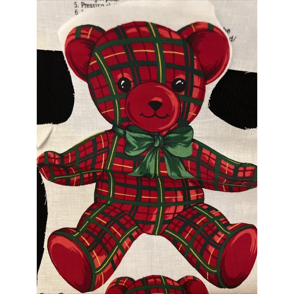 Vintage Christmas Red Plaid Teddy Bear Bows Applique Fabric Panel Cranston